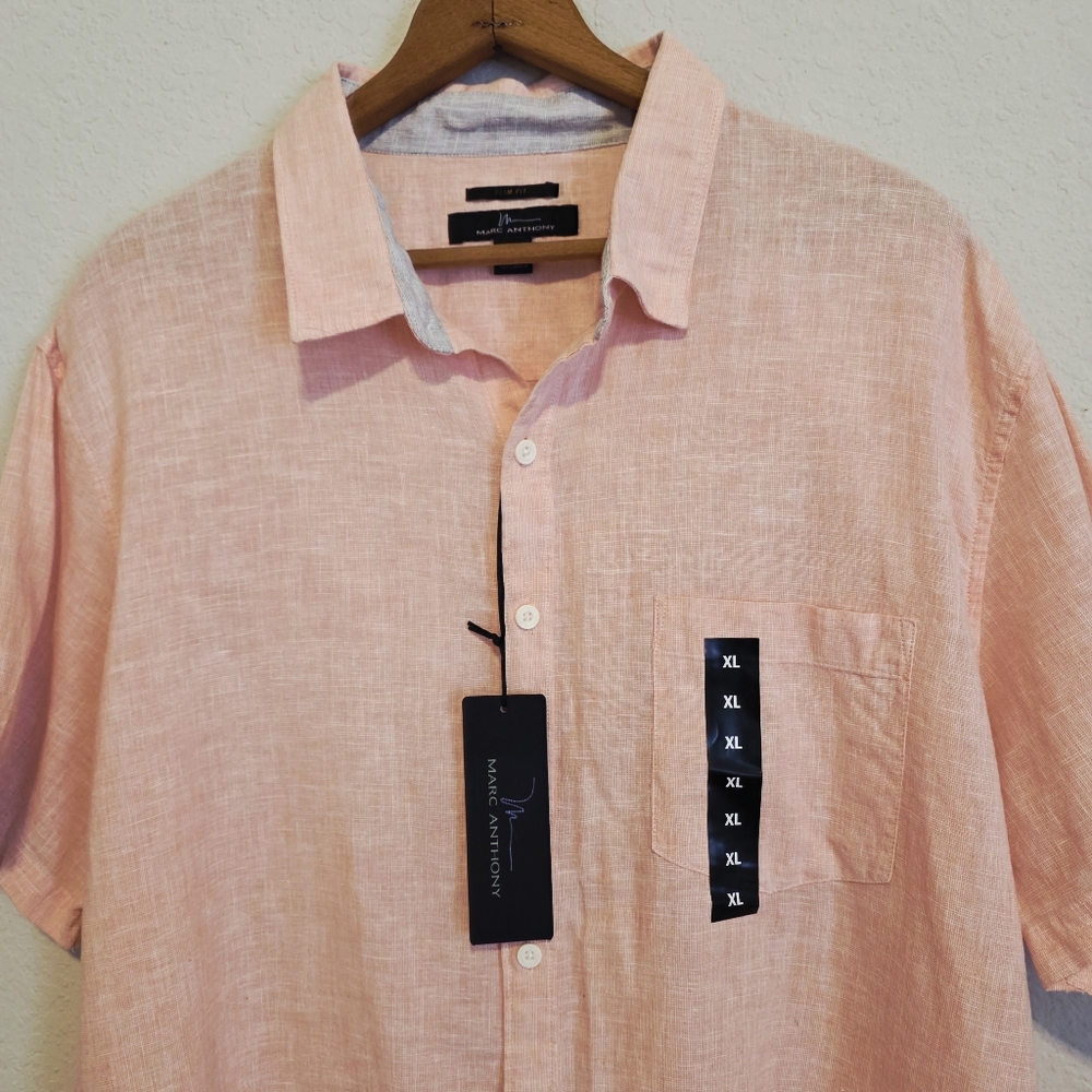 NWT Marc Anthony Linen Blend Shirt SLIM Fit Button Up Short Sleeve Men's XL